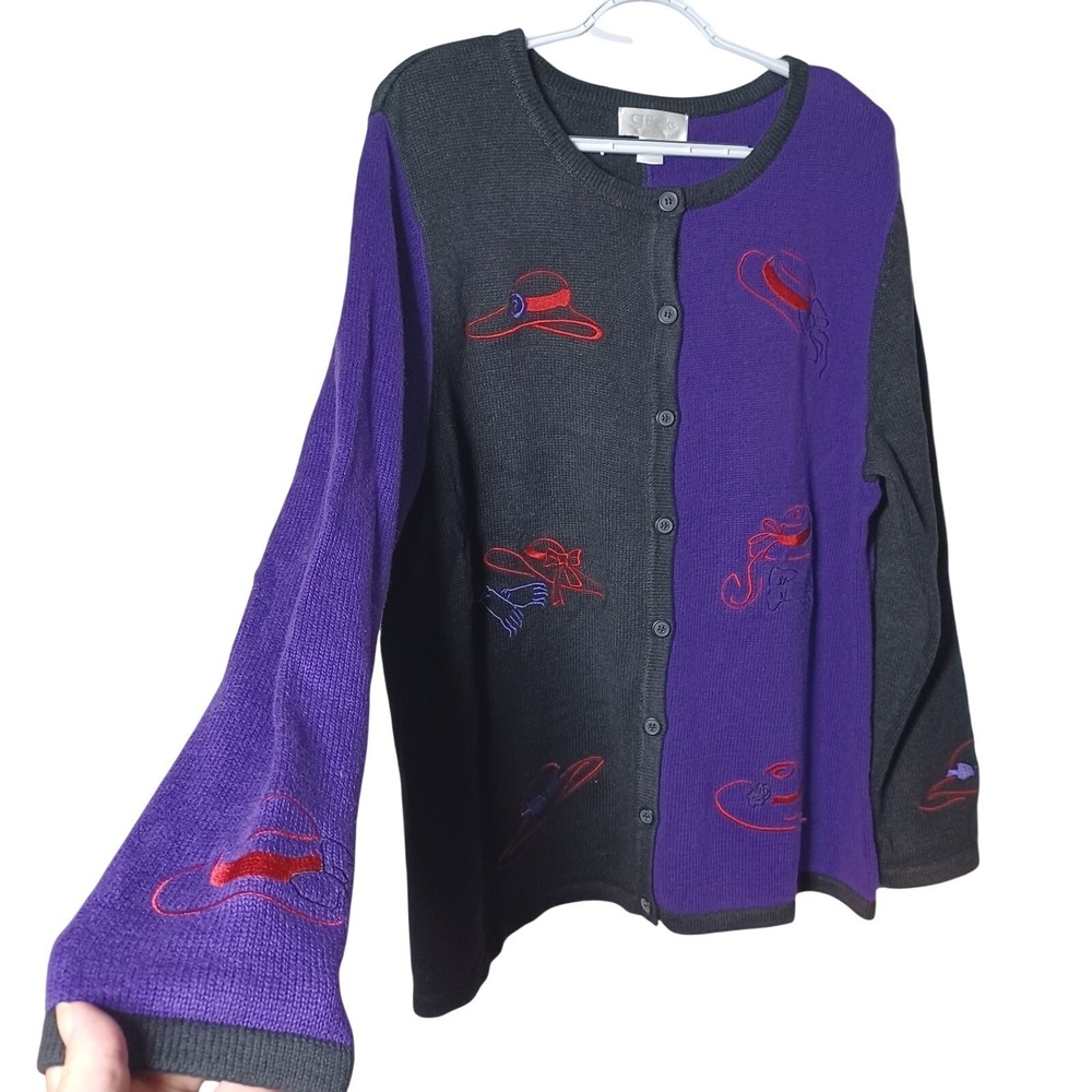 CJ Banks Vintage Purple Black Colorblock Red Hat Embroidered Cardigan 1X Chunky